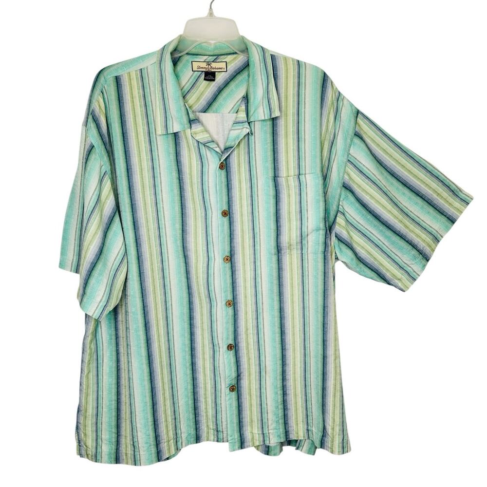 Tommy Bahama 100% Silk Relaxed Fit Green Teal Striped Button Up  Camp Shirt XXL